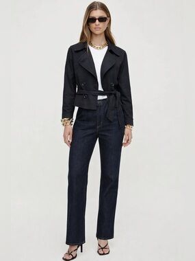 THEORY Double-Breasted Cropped Black Trench Coat Size Small